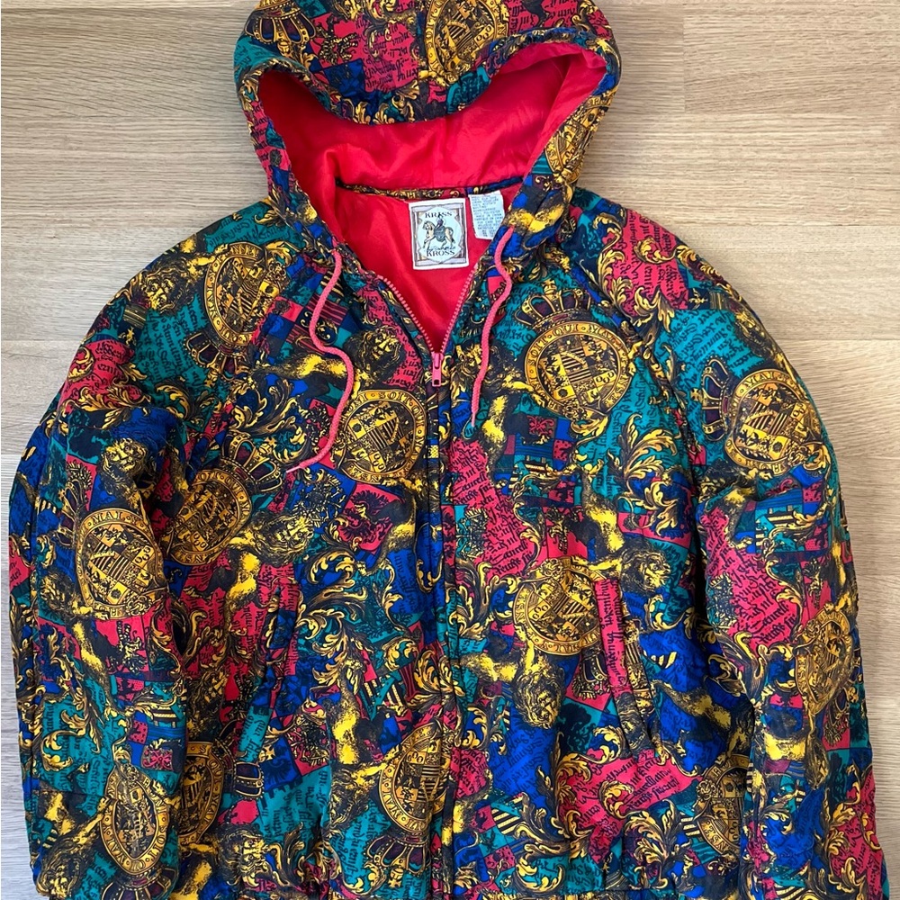 1990s Kriss Kross Y2K Silk Multicolor Bomber Vintage Hooded Jacket Size Large